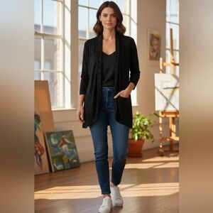 Susan Graver Novelty Knit Sequin Embroidered Cardigan Black Size M